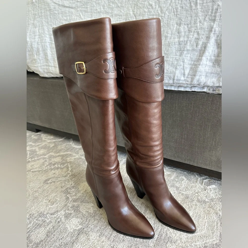 CELINE WILTERN Calfskin RIDING BOOT WITH TRIOMPHE 90mm Brown KneeHigh Boots 39.5 - Picture 2 of 16
